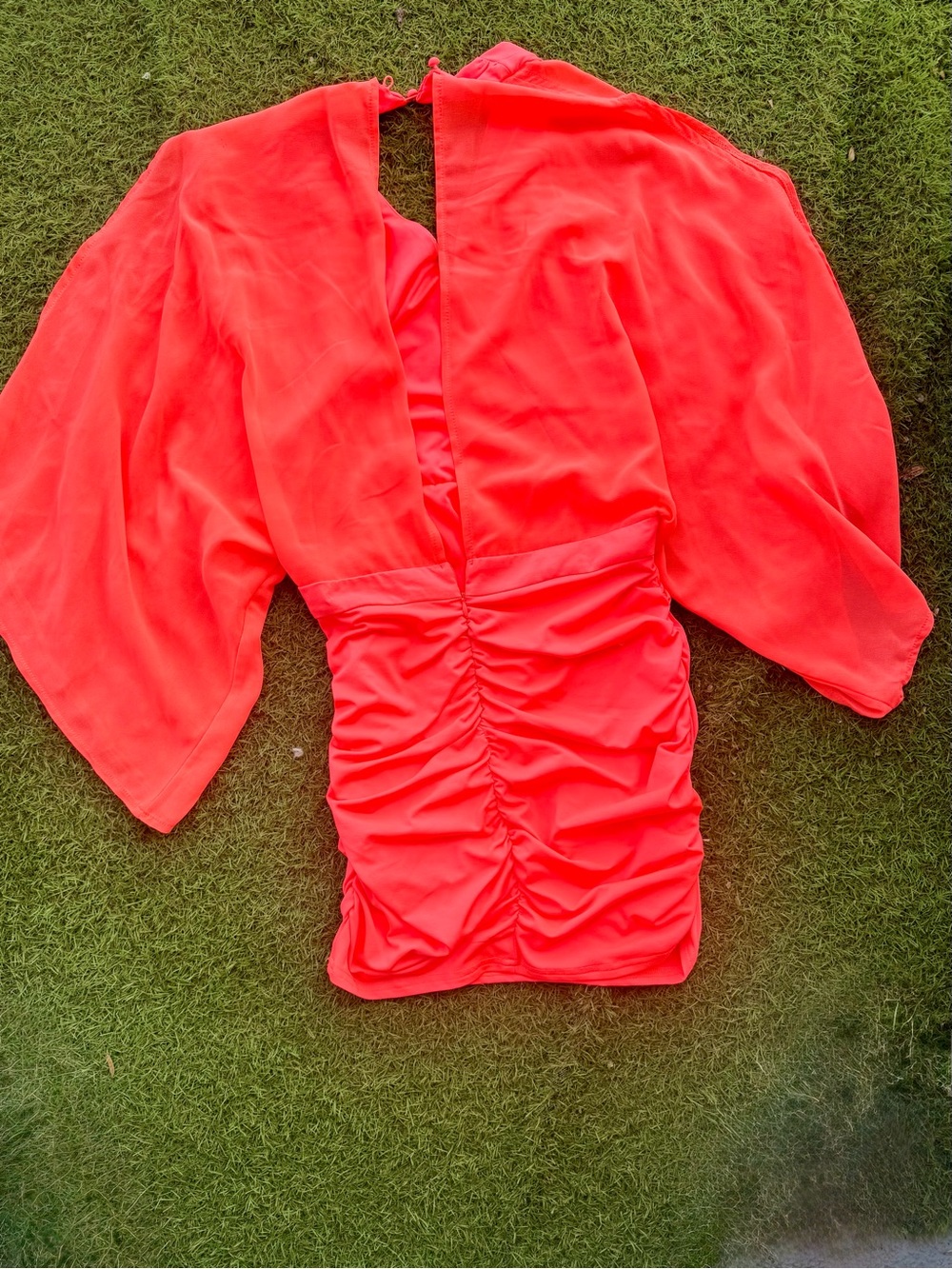 Ark & Co Neon Coral Ruched Dolman Sleeve Mini Dress